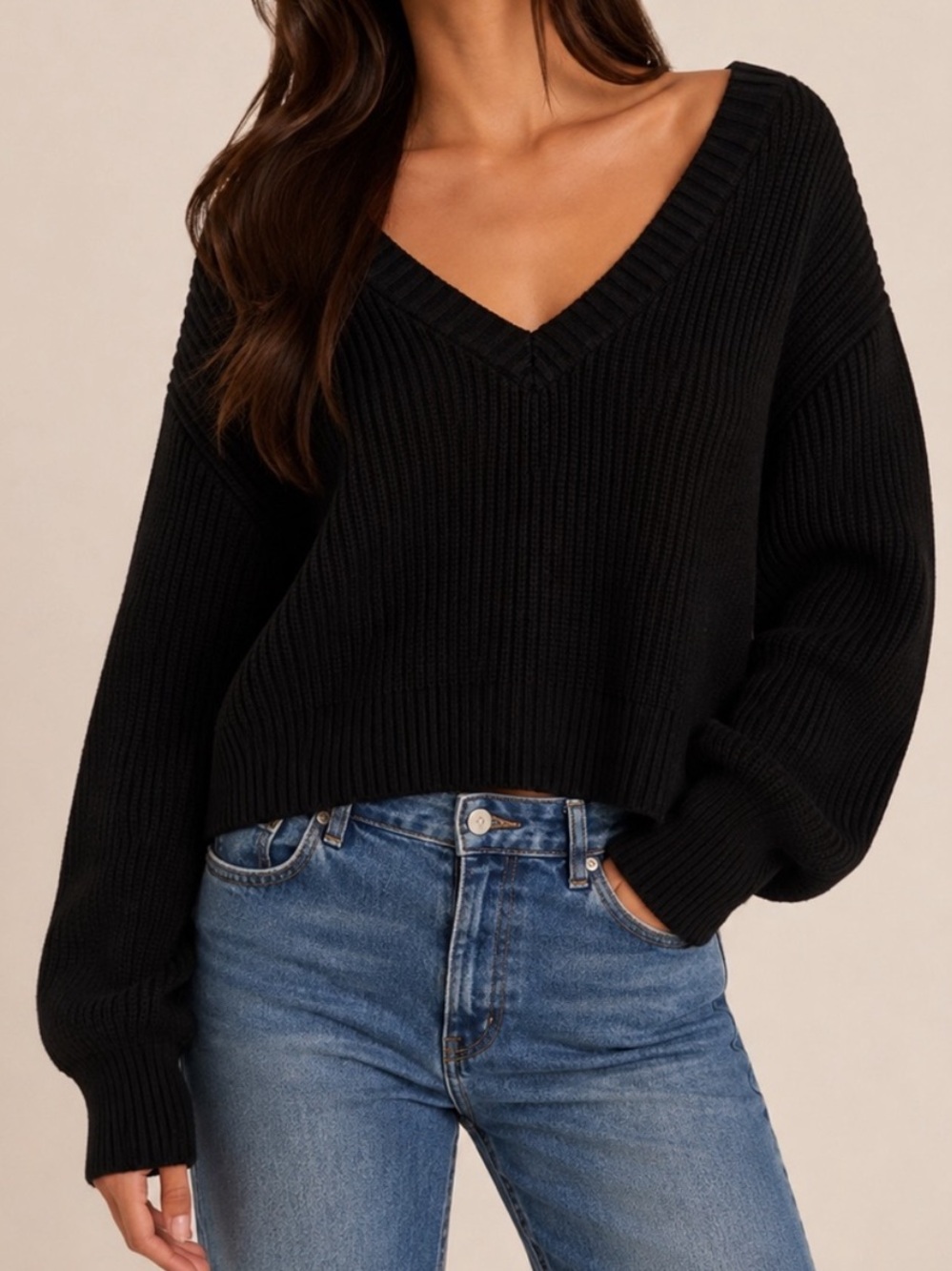 Good American Black Cozy Deep V-Neck Ribbed Knit Sweater - Size Large, NWT